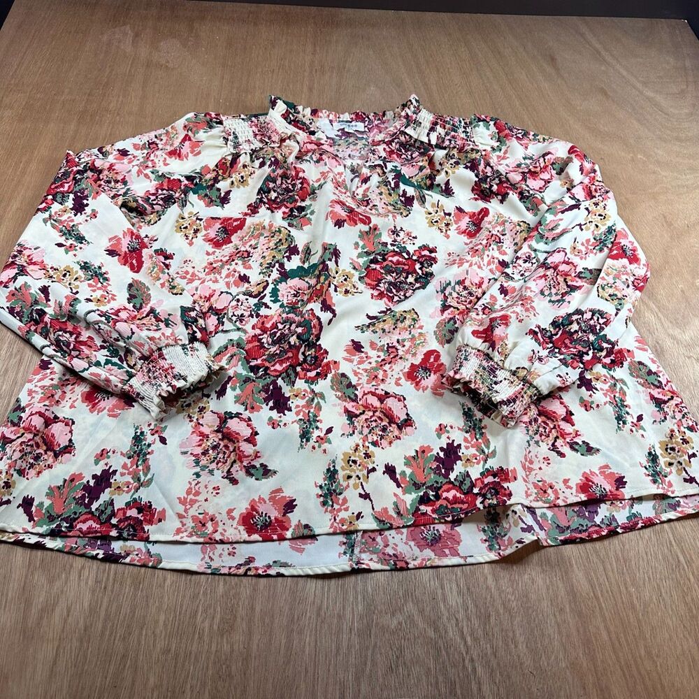 Umgee Floral Peasant Blouse Size L Smocked Cuffs Boho Lightweight Top